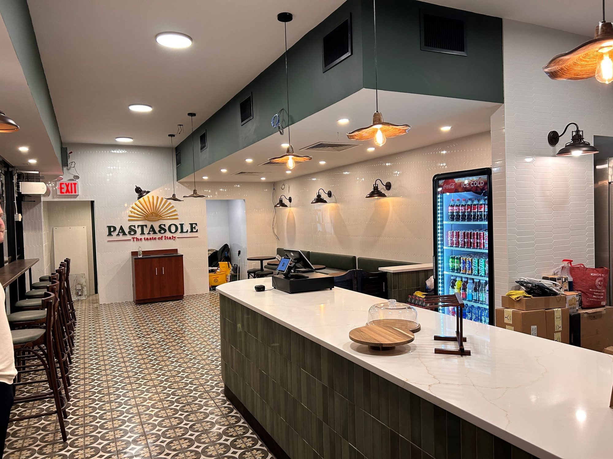 Counter and bar seating inside Pastasole Chelsea on 8th Avenue