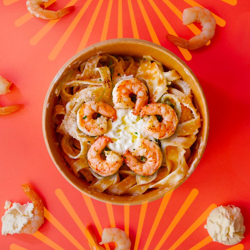 Fettuccine alla Mediterranea with garlic shrimp and burrata